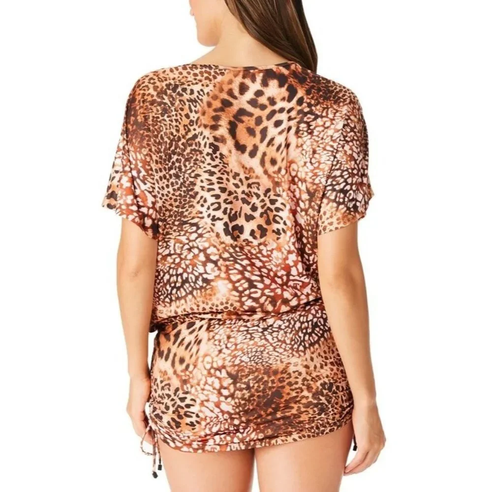 Bar III L Glam Cheetah Adjustable Side Cover-Up Caftan Swimwear Sheer Dress